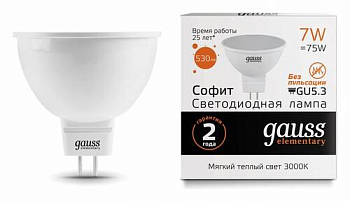 Лампа Gauss Elementary MR16 GU5.3 220V 7W(530lm) 2700К 2K 57*50 пласт/алюм.