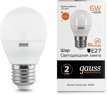 Лампа св/диод. Gauss Element Шарик 6W E27 2700